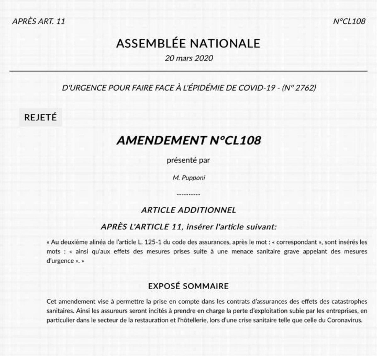L’amendement qui a été rejeté de demande de classement en catastrophe naturelle sanitaire dans la nuit de vendredi à samedi… #COVIDー19 #CoronavirusFrance #confinement #restaurant #Macron
