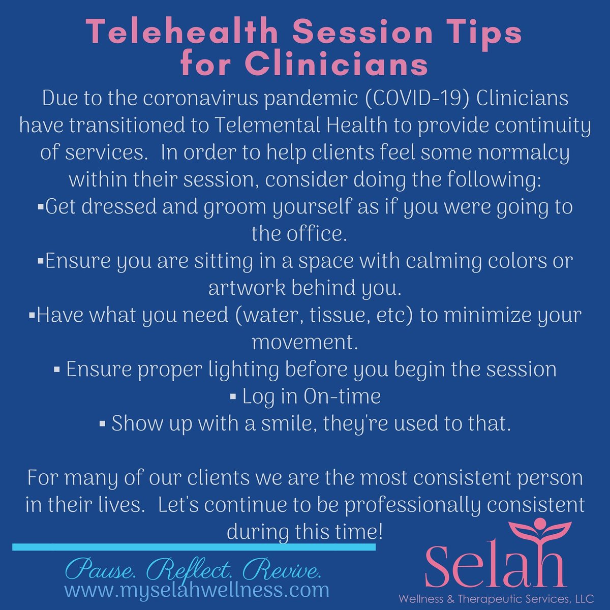 Telehealth Session Tips for Clinicians. 
Have a great day on purpose! #telehealth #telementalhealth #covid19 #coronavirus #mentalhealth