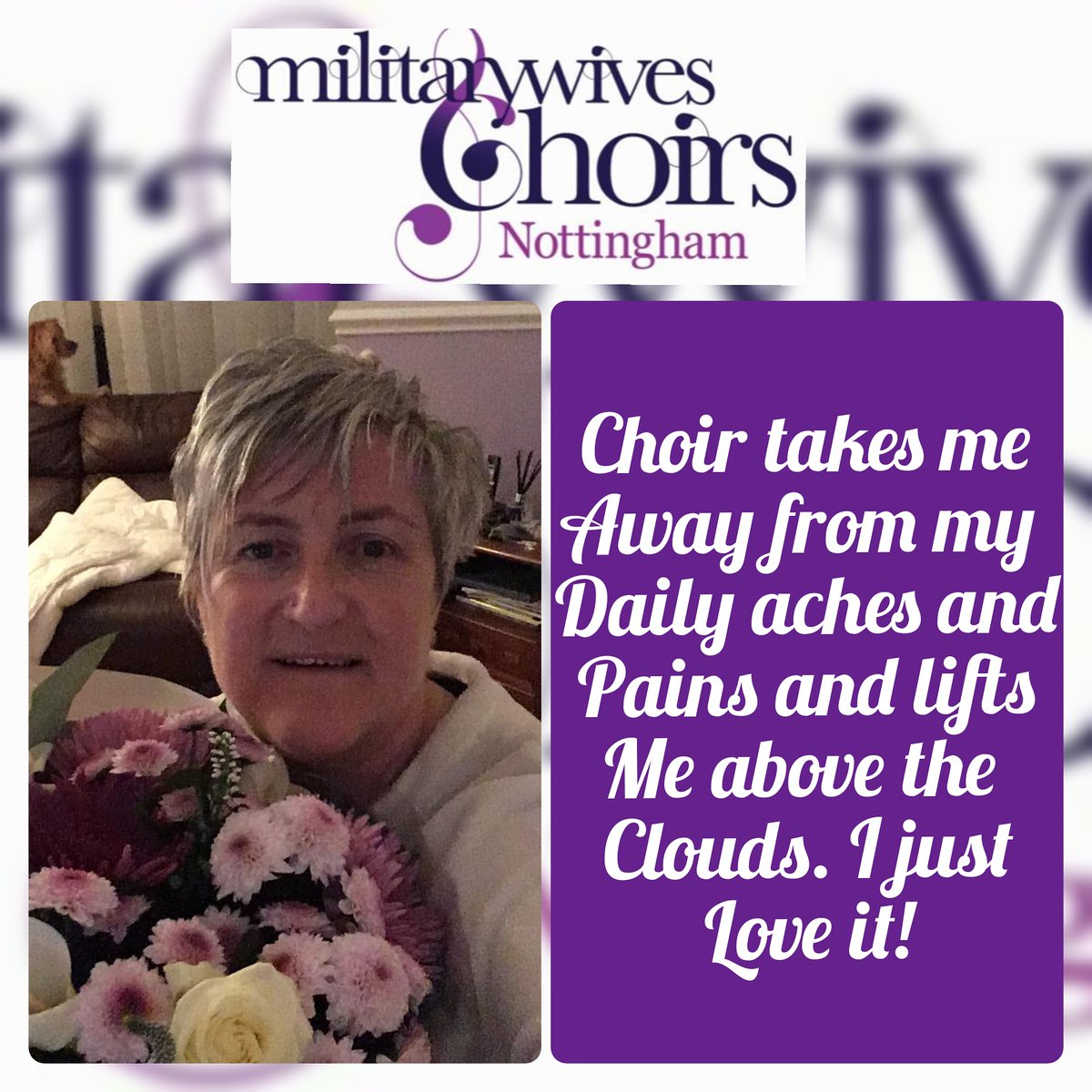 This is Catherine, she lives with MS but doesn't let it beat her, she always comes to choir with a positive attitude and a smile! 'It Don't Mean a Thing' is her fave song as it makes her dance.🎶

What song makes you dance? 
#militarywiveschoir #combatisolation 
#StrongerTogether