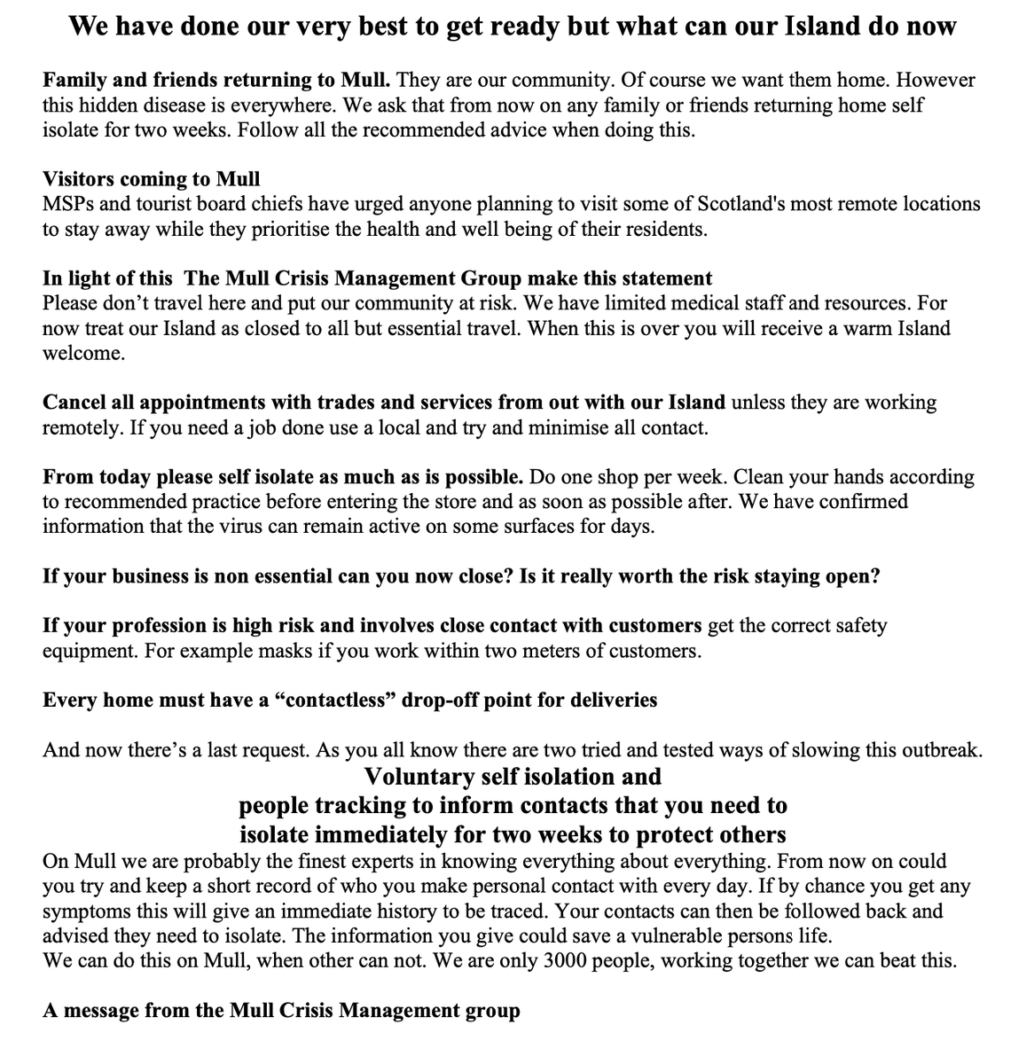 Good information and advice From Mull Community Crisis Group which has been working hard to help the island and all those who live there at this difficult time.