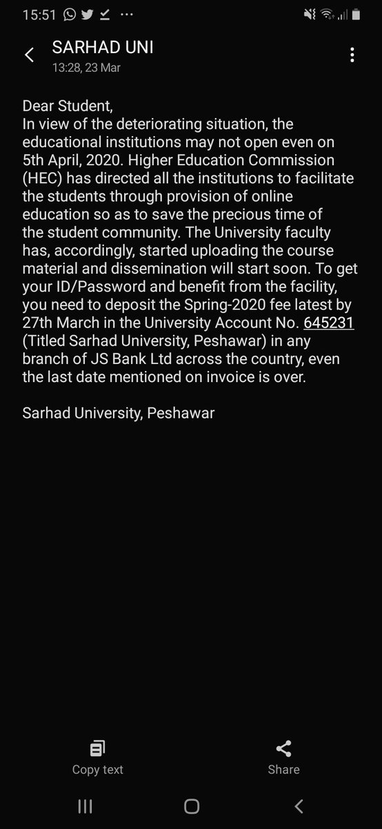 Tdy we rcvd msg frm ourSarhad Uni Peshwr to deposit fee to avail bnfits from facilityIn this situation they demnding to deposit fee. They don't care abouthealth andcare of their studentsMany of us don't know that we will live or die. And they only care about their fee.