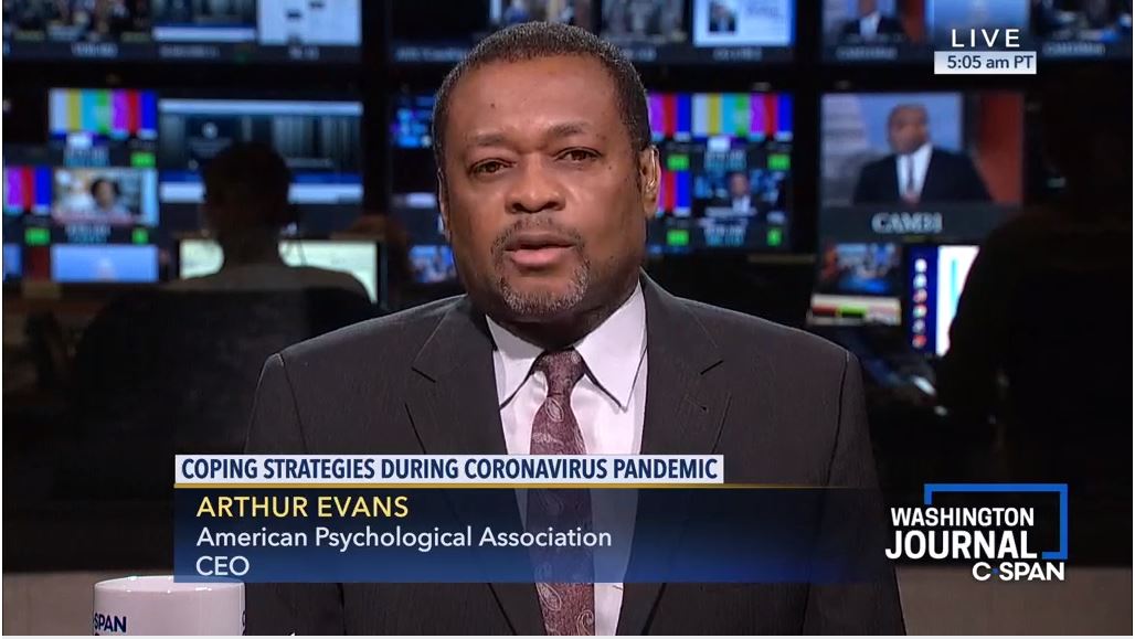American Psychological Association (@apa) on Twitter photo As communities around the world adjust to new ways of living, APA CEO <a href="/ArthurCEvans/">Arthur C Evans, Ph.D</a> joined <a href="/cspanwj/">Washington Journal</a> to share strategies for coping with stress and discuss the importance of staying connected during the #COVID19 pandemic: on.apa.org/2xh0Dj1 As communities around the world adjust to new ways of living, APA CEO <a href="/ArthurCEvans/">Arthur C Evans, Ph.D</a> joined <a href="/cspanwj/">Washington Journal</a> to share strategies for coping with stress and discuss the importance of staying connected during the #COVID19 pandemic: on.apa.org/2xh0Dj1