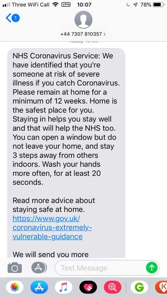 Sahara88uk's tweet photo. This just in folks...
One of the #IBDSuperHeroes Facebook groups members just shared this screenshot with us.
She is taking Azathioprine only, and she has been told to self isolate for 12 weeks.
Join the conversation: https://t.co/mxGdO2vZzE 
#CrohnsDisease #UlcerativeColitis https://t.co/lOPIfZIXru