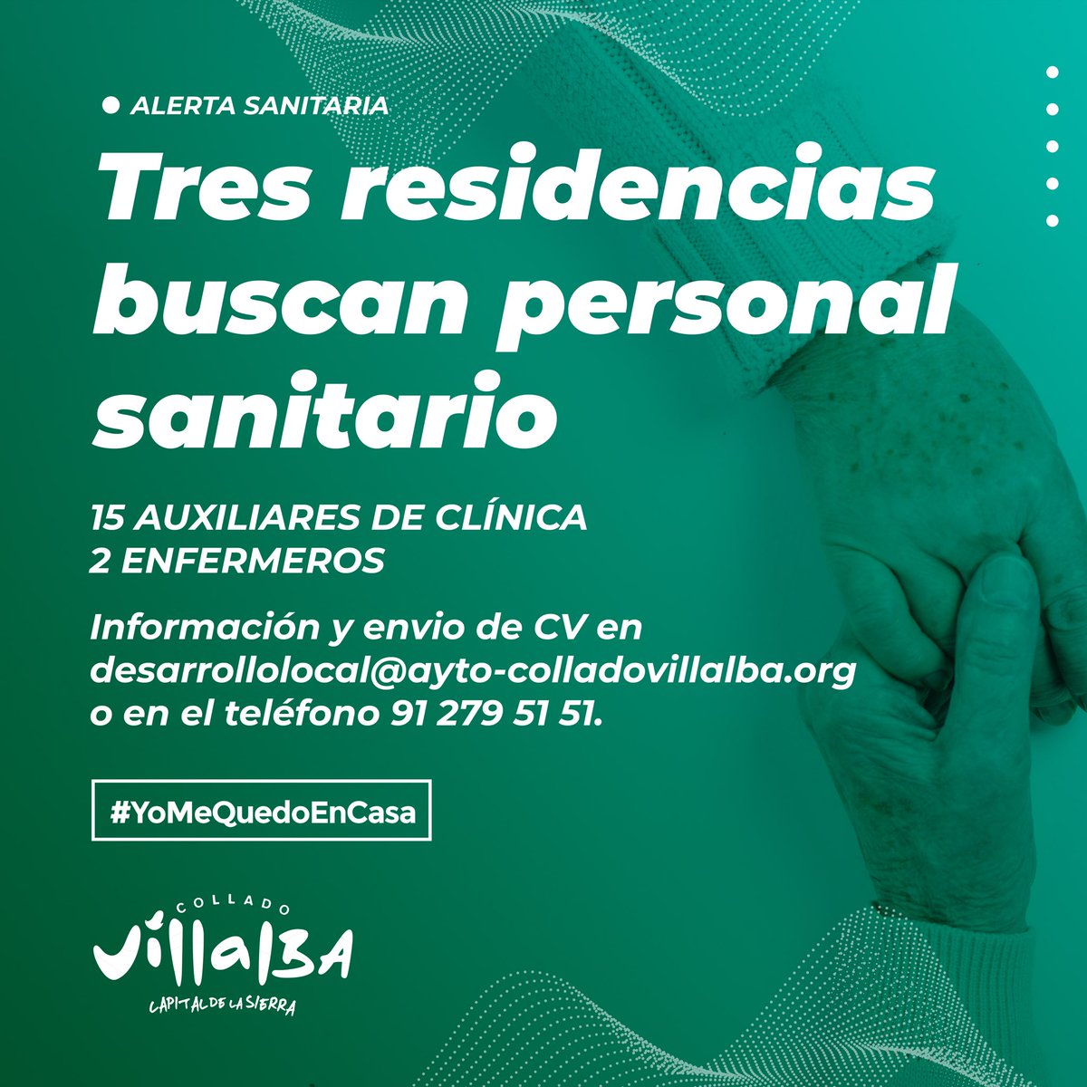 AyuntamientoCV's tweet photo. 🔴 Por favor, rogamos difusión

Tres residencias de mayores buscan personal sanitario de manera urgente 👇

#ColladoVillalba
#COVIDー19 
#YoMeQuedoEnCasa https://t.co/yHJyXDUSXl
