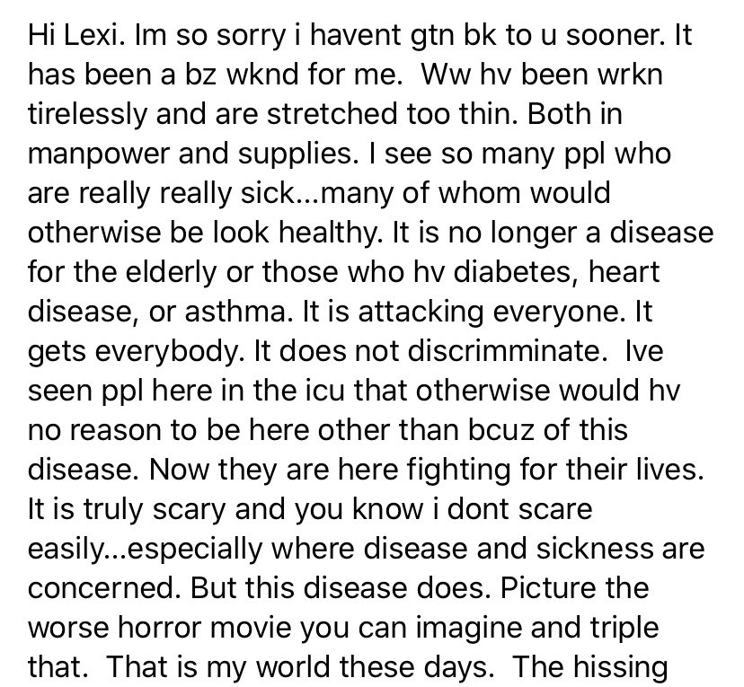 feelsradman's tweet image. My mom is a respiratory nurse and I really want to share this message she sent me. 

Please everyone take this seriously. 

for my mom.. for all health care workers, everyone still working, everyone sick, everyone vulnerable, for our future.. for everyone. 

love u all