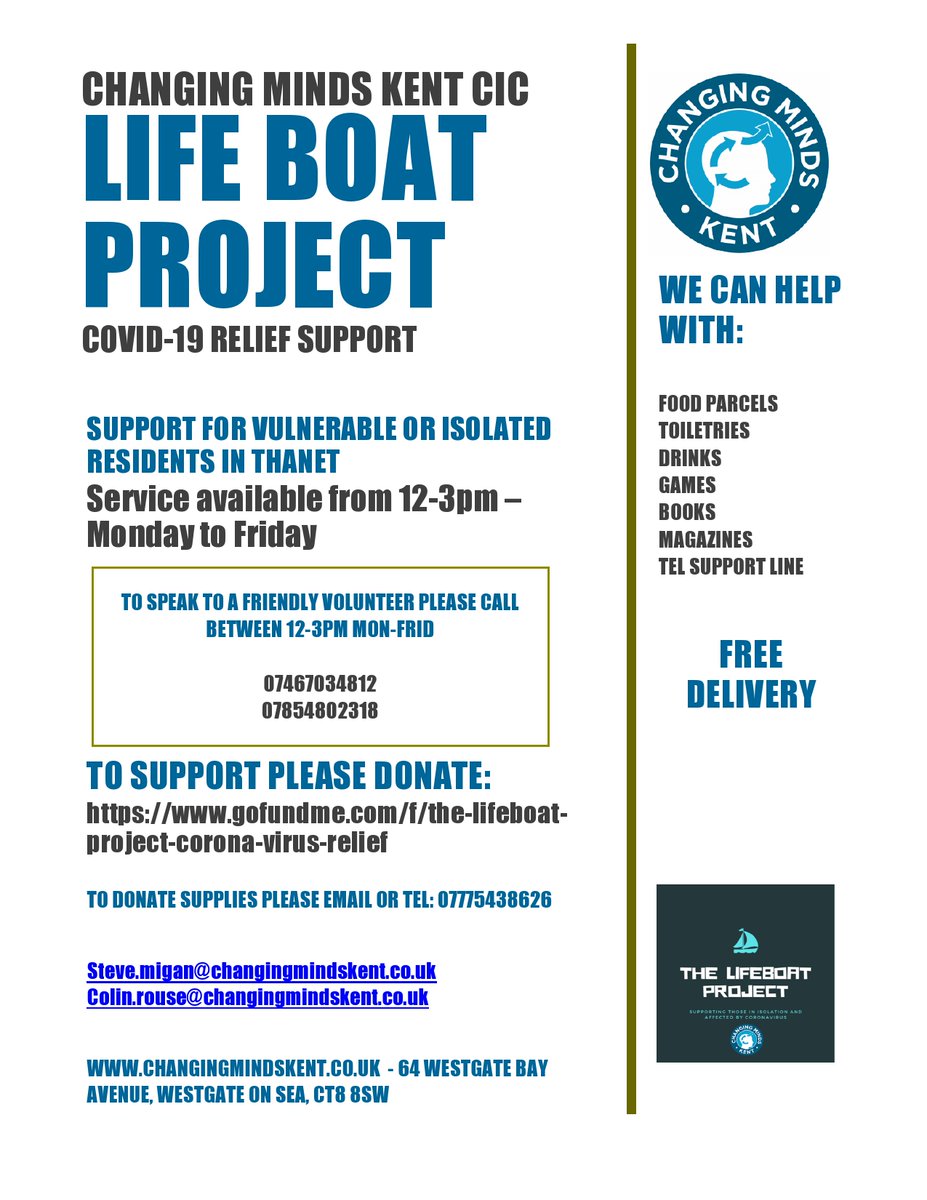 Changingmindskent (@changingmindsk1) on Twitter photo Please spread the word <a href="/AgelessThanet/">Ageless Thanet</a> <a href="/SocEntKent/">SocialEnterpriseKent</a> <a href="/thanetcommunity/">Thanet Community</a> <a href="/ThanetCSP/">ThanetCSP</a> <a href="/ThanetCouncil/">.</a> - Lifeboat project officially launches today, support for anyone who is vulnerable or isolated working in partnership with partners across East kent #COVID19 #wellbeing #support #Kent Please spread the word <a href="/AgelessThanet/">Ageless Thanet</a> <a href="/SocEntKent/">SocialEnterpriseKent</a> <a href="/thanetcommunity/">Thanet Community</a> <a href="/ThanetCSP/">ThanetCSP</a> <a href="/ThanetCouncil/">.</a> - Lifeboat project officially launches today, support for anyone who is vulnerable or isolated working in partnership with partners across East kent #COVID19 #wellbeing #support #Kent