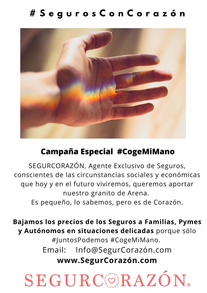 SegurCorazon's tweet photo. #cogemimano por que SegurCorazón quiere aportar su granito de arena, de 💗, bajamos los precios de los seguros para clientes y para nuevos clientes. #juntospodemos que cada uno aporte, lo que pueda. https://t.co/rTzphoFJqQ