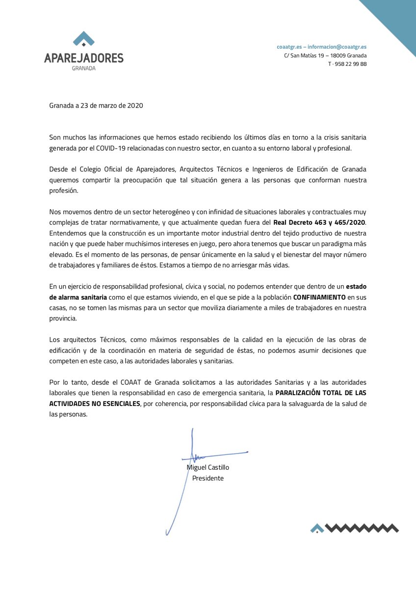 AparejadoresGRX's tweet photo. 🚫🏗El COAATGR aboga por la paralización total de actividades no esenciales. “En un ejercicio de responsabilidad profesional, cívica y social, no podemos entender que dentro de un estado de alarma sanitaria no se tomen medidas para un sector que moviliza a miles de trabajadores.” https://t.co/5bVtzjoo8X