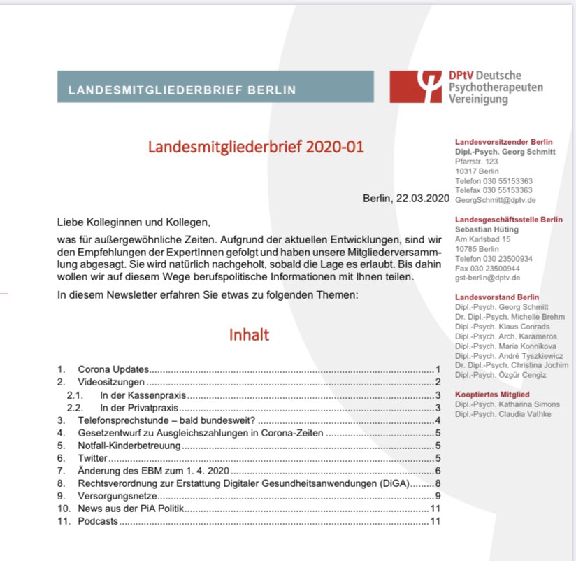 Liebe Berliner Mitglieder, was tun bei Ausgangseinschränkungen? Zum Beispiel den neuen #Newsletter lesen mit folgenden Themen:

…utschepsychotherapeutenvereinigung.de/der-verband/lg…

#Berufsverband #Ehrenamt #DPtV #staytogether