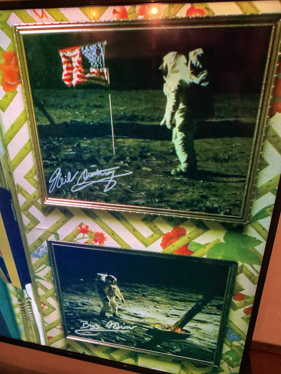 Steve_Grad's tweet image. Hey @SteveZarelli check this out.  The researchers at @PrimeVideo doing a poor job on Hunters.  Caught these two "signed" photos in the background (Armstrong/Aldrin) in what looks like white paint pen in 1977.  Also the fact they look like a two year old did them.  #badresearch