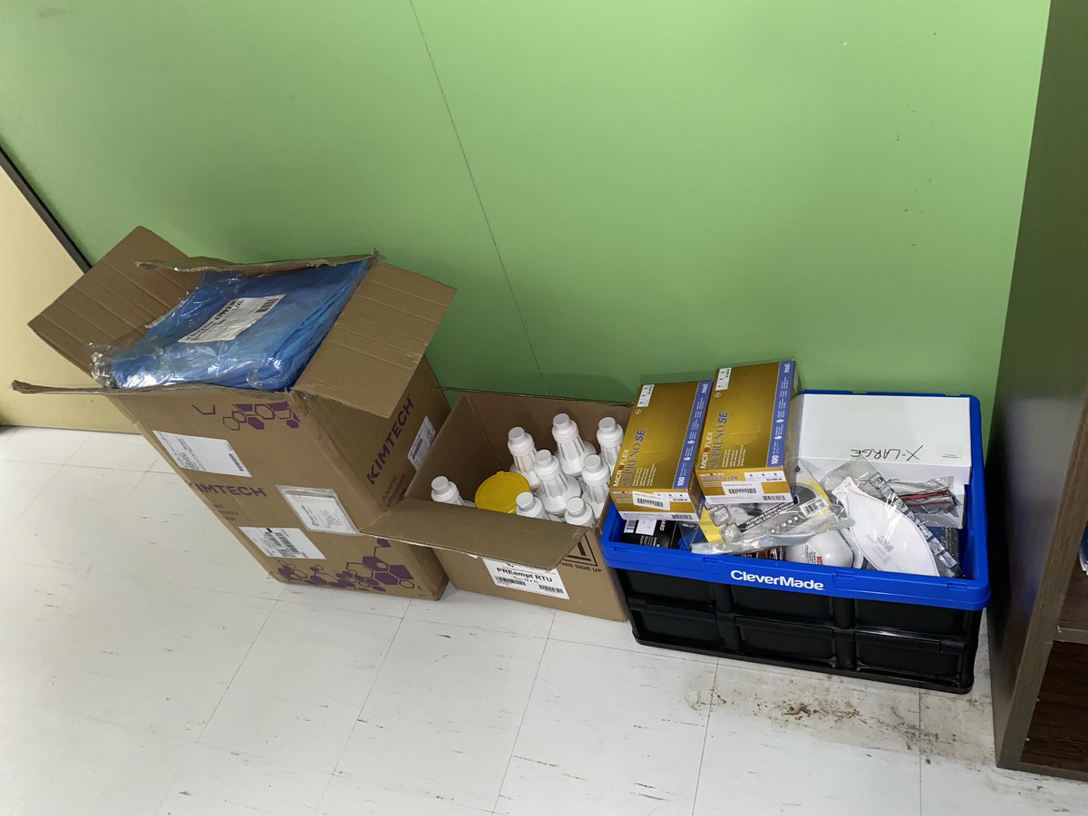 A large box full of surgical gowns, disinfectant, gloves, and N95 masks collected from the <a href="/CU_ImpactLab/">CU Impact Dynamics Research Lab</a> sitting in the <a href="/CU_MechAero/">Carleton U - Mechanical & Aerospace Engineering</a> offices and ready for donation to the <a href="/OttawaHospital/">The Ottawa Hospital</a>. #COVID19