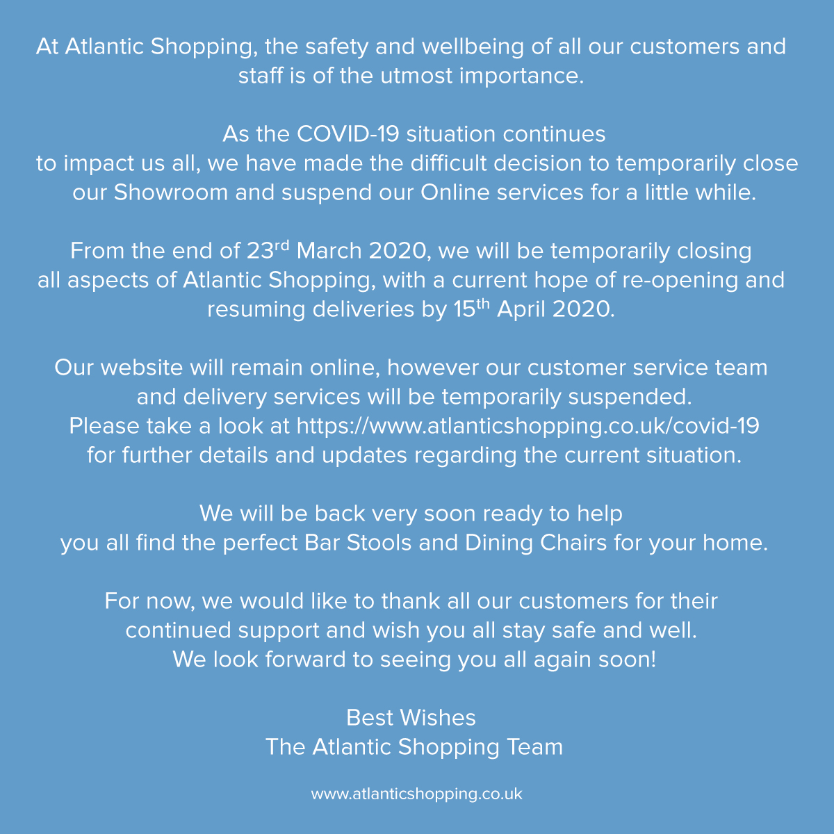 AtlanticShop's tweet photo. From all of us here at Atlantic Shopping we hope you are all safe and well.

Stay safe and look after those around you!

See you all soon! https://t.co/5lcwHug8D4