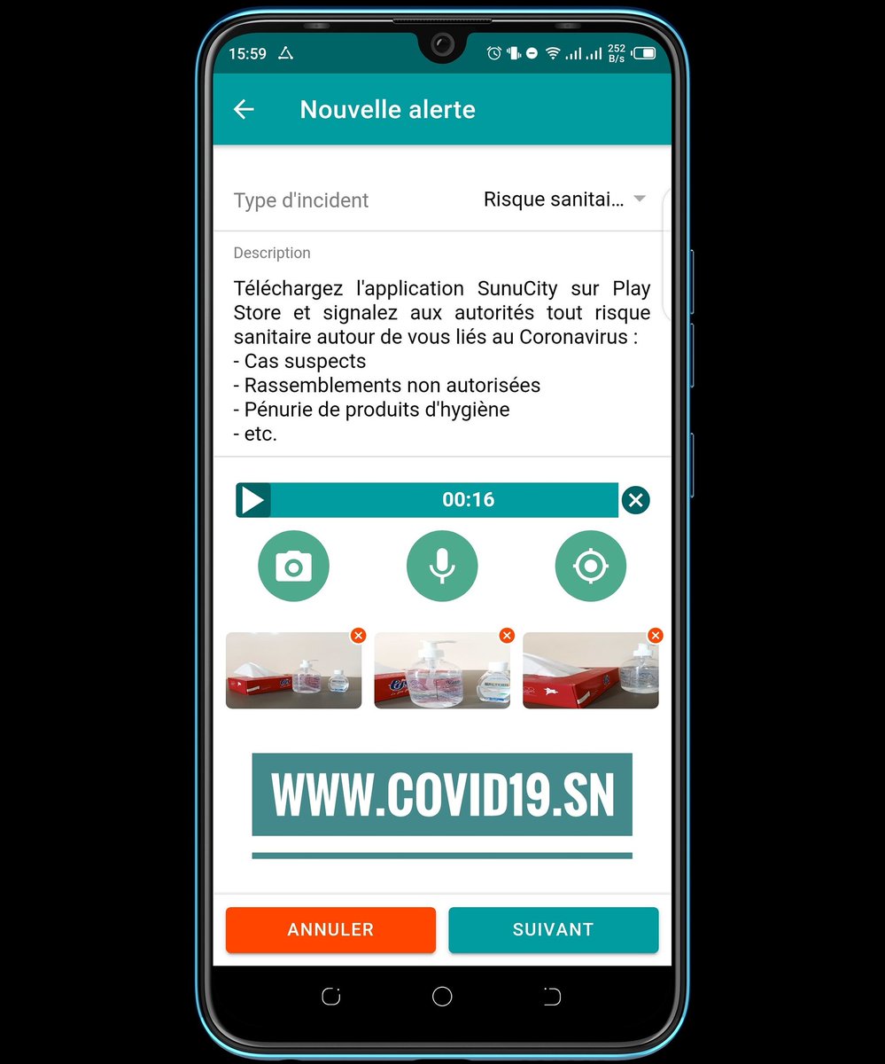 SunuCityApp's tweet photo. Téléchargez l'application #SunuCity sur Play Store et signalez aux autorités tout risque sanitaire autour de vous liés au #Coronavirus :
- Cas suspects
- Rassemblement non autorisées
- Pénurie de produits d'hygiène
- etc. 
#Senegal #Covid19sn #kebetu @cousenegal @MinisteredelaS1 https://t.co/5J9UPlFzkn