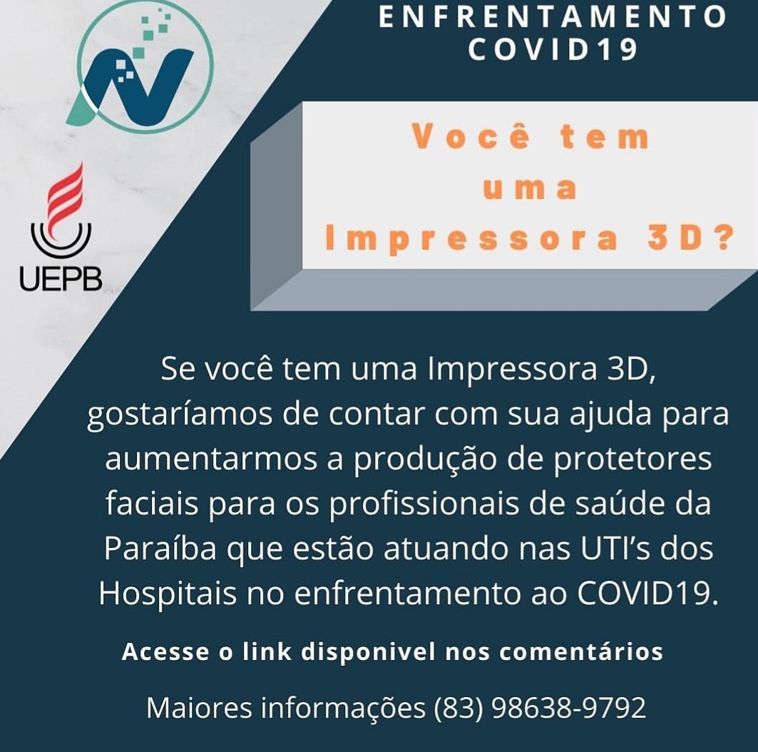 nutesuepb's tweet photo. No enfrentamento ao Covid-19 nossa coordenadora do LT3D @yasmynefisio pede a colaboração de proprietários de empresas de impressão 3D e Makers de todos os estados. Para colaborar ligue ou acesse o link: https://t.co/y8ErxXaFXx https://t.co/oUvZkTXMQ9