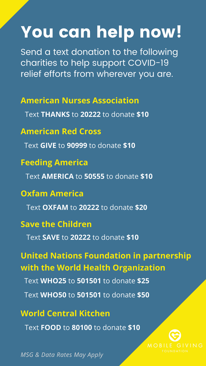 MobileGivingOrg's tweet photo. Even in #SelfIsolation, you can still make a difference!

#MobileGivingFoundation has compiled a list of approved #TextToDonate campaigns that at a minimum allow you to send a small #donation to #charities doing work on the frontline in the fight against #COVID19. 🌎 #coronavirus https://t.co/UQXg5gq4Pp
