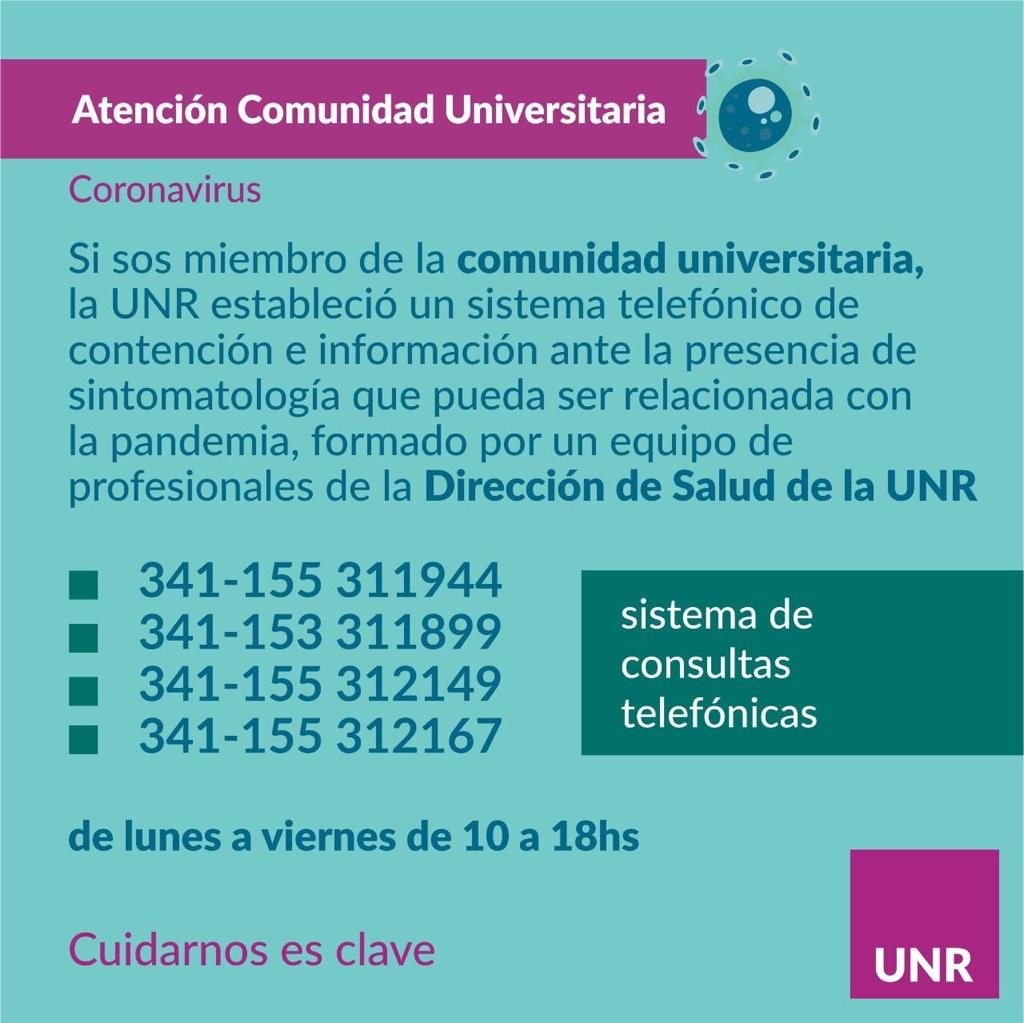 📱La @unroficial habilita líneas telefónicas de consultas sanitarias para su comunidad. 
Establecimos un sistema telefónico de contención e información médica para evacuar dudas ante la presencia de sintomatología que pueda ser relacionada con el #COVID19.