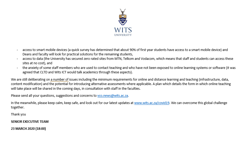WitsUniversity's tweet photo. 📢 ANNOUCEMENT: 
Dear Colleagues and Students, this is an uncertain time for all of us – staff, students, members of the Wits community, and society. As the sands are shifting daily the Senoir Executive Team has issued the following statement regarding 
#Covid19SA #CoronaVirusSA: https://t.co/Qurnb7Xgs9