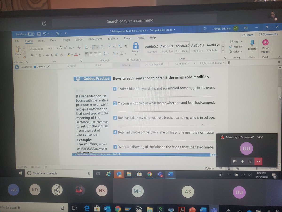 Enjoying Ms. Alfred's virtual ELA class via Microsoft Teams! Learning a lot about misplaced modifiers! I think I need to stay for the whole lesson! I feel like the kids..."my teacher didnt teach me this!" 😂🤣 @RMS_Wildcats <a href="/GORMSWILDCATS/">Priscilla Branch</a> <a href="/botleyglenn70/">Stephanie B Glenn</a>