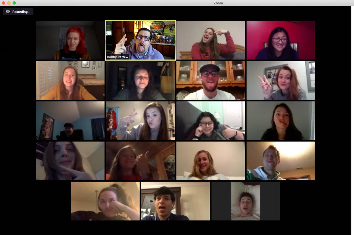 BobbyRettew's tweet photo. First #Zoom class at AU kicked off this morning with a bang! 8am brings out the best in us! #HappyFace #NuttyFace #truetoau #COM101 https://t.co/sCAW9xWpgI