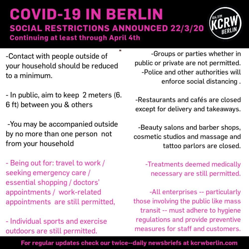 CGBerlinPodcast's tweet image. Here are the new restrictions on public life that were announced by Chancellor Merkel yesterday and valid through at least April 4.  #COVIDー19 #homeoffice #Berlin #Deutschland