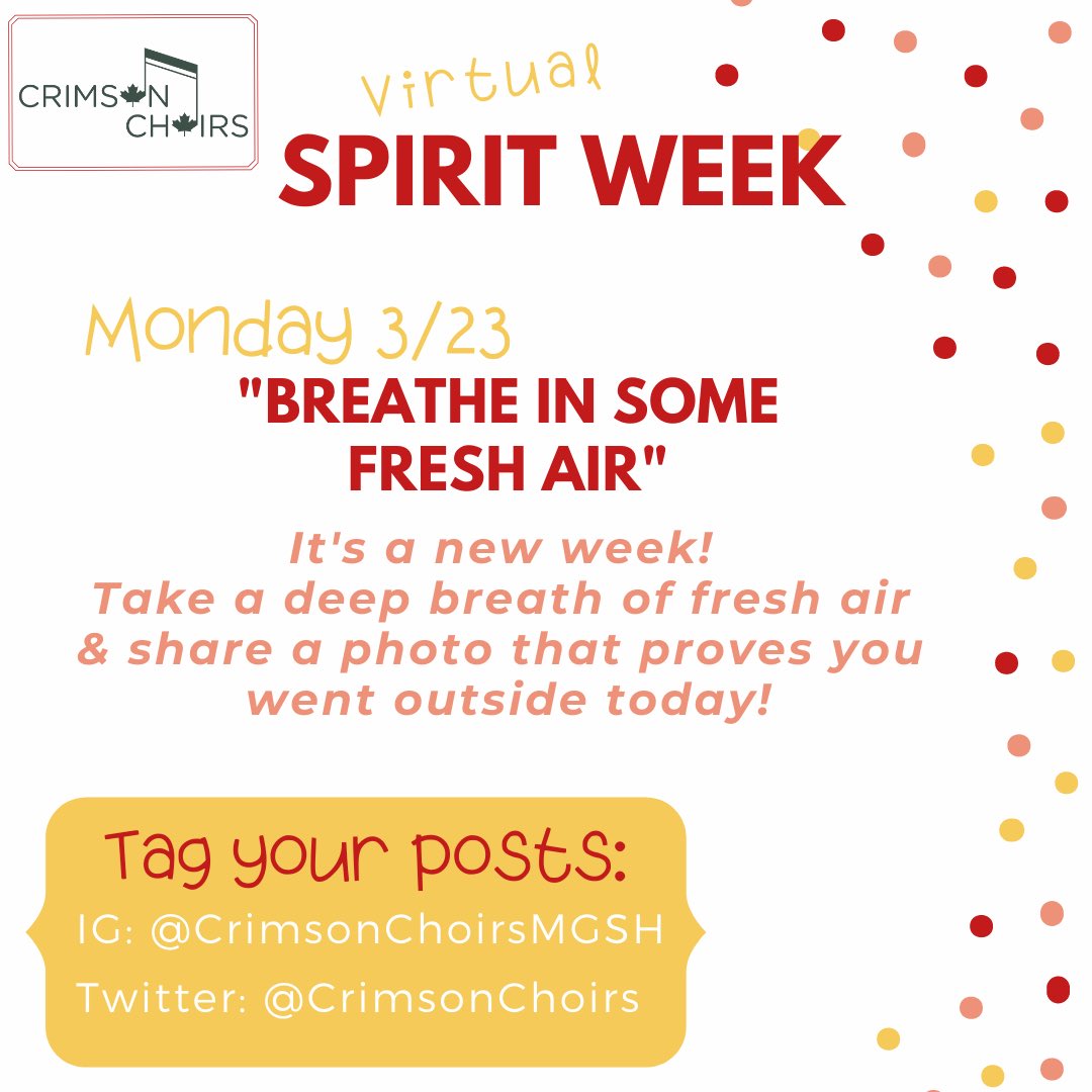 It’s a foggy Monday morning, but make sure you still get outside for a few minutes today! The fresh air is good for the soul ☁️☔️🌤🌳 
Tag us in your posts!
#VirtualSpiritWeek #CrimsonChoirs