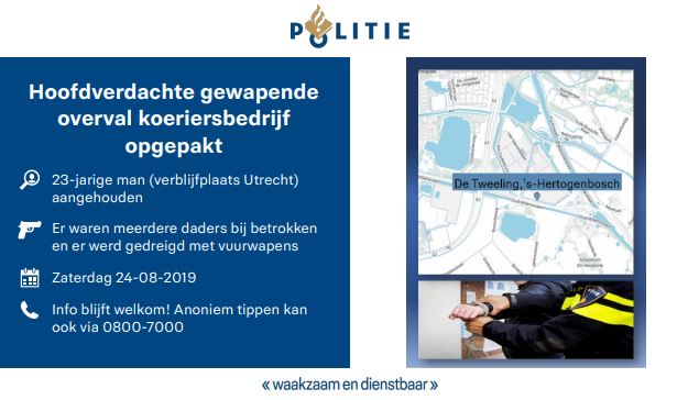 De hoofdverdachte van de gewapende overval op een koeriersbedrijf aan De Tweeling in #sHertogenbosch is vandaag in Utrecht aangehouden. Lees het hele bericht via:..