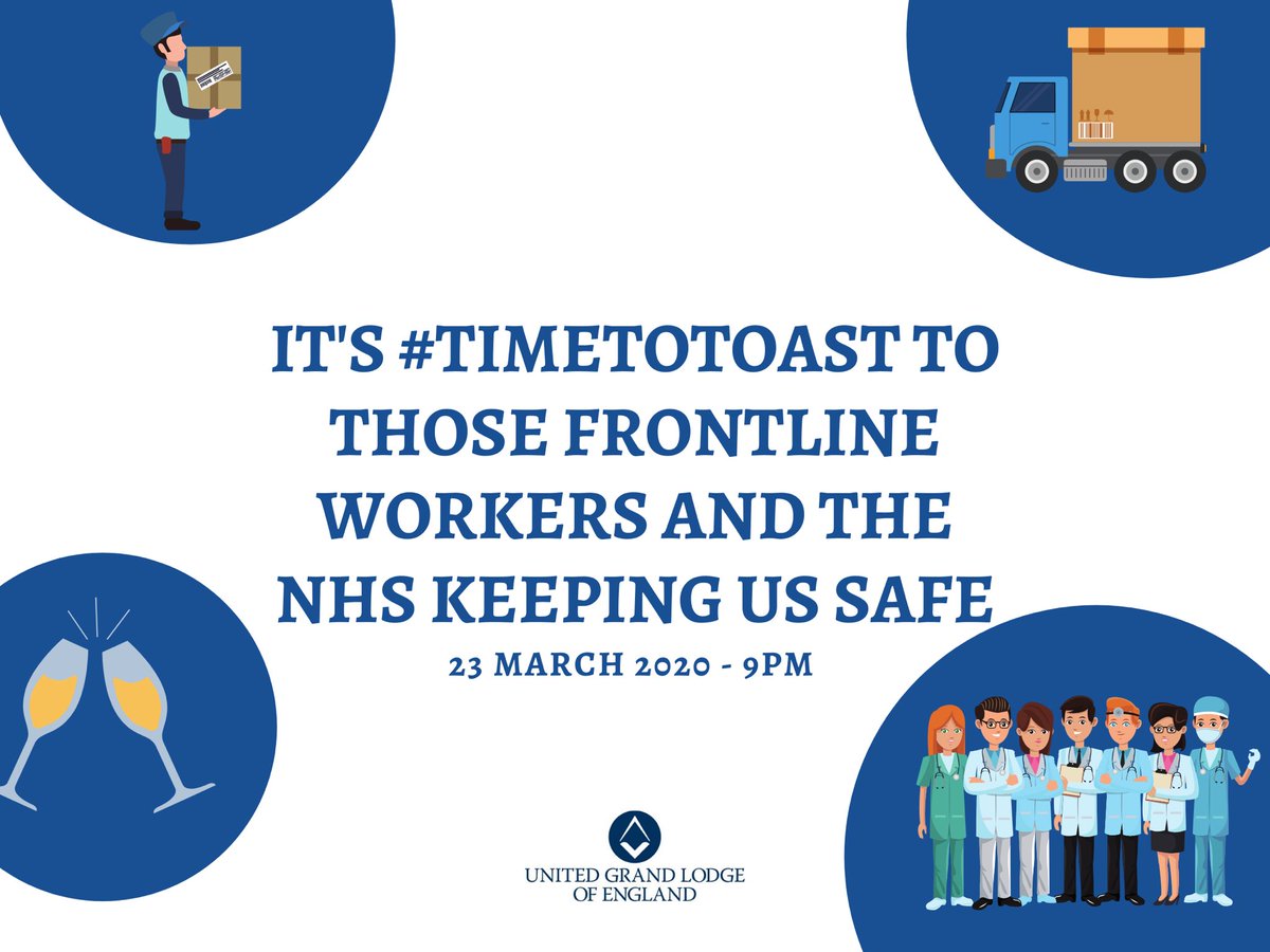 Tonight we invite everyone to come together and toast the incredible work of <a href="/NHSuk/">NHS</a> &amp; other key workers ❤️

Please RT &amp; spread the word - it’s going to be the biggest #TimetoToast yet to show our gratitude to those fighting this virus.

➡️ bit.ly/TimeToToast

#Freemasons