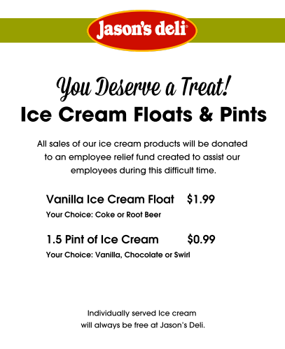 jasonsdeli's tweet photo. Love our ice cream? Ice cream FLOATS and PINTS now available for purchase. All sales of these ice cream products will be donated to an employee relief fund created to assist our employees during this difficult time. https://t.co/suho4Tnzoo
