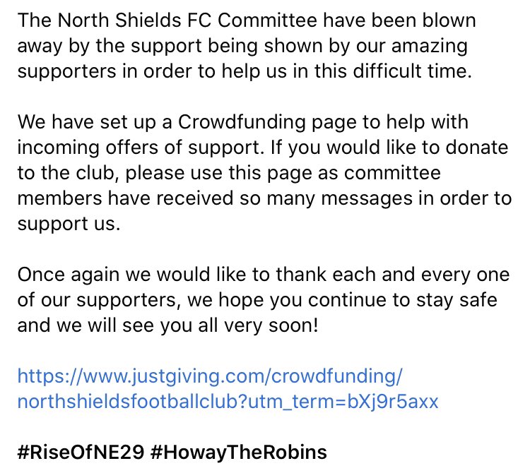 NorthShieldsFC's tweet photo. The North Shields FC Committee have been blown away by the support being shown by our amazing supporters in order to help us in this difficult time. 

https://t.co/J3C0eC2ZoK

#RiseOfNE29 #HowayTheRobins https://t.co/8WlFjZAGnw