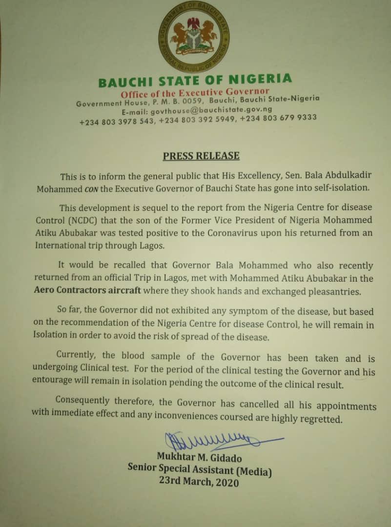 TonyeCole1's tweet photo. As Gov HE Sen Bala Mohammed CON, @BauchiState, begins #selfisolation following contact with the family of @atiku whose son tested positive, may Nigerians appreciate the seriousness of #Covid19. #totalockdown may be the next step. #stayhome #selfisolate #savealife #behygienic https://t.co/01uPz51BEr