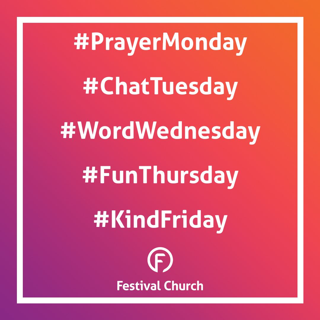 FestivalChester's tweet photo. We've been working hard to make sure we stay connected during this time, and one of the ways we'll be doing that is to have a weekly rhythm:
#PrayerMonday
#ChatTuesday
#WordWednesday
#FunThursday
#KindFriday
#GatherSunday https://t.co/d2cOErRXCp