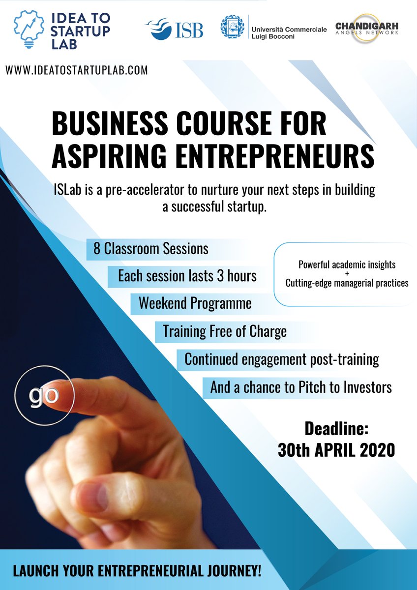 chd_angels's tweet image. 📣 Pleased to introduce Idea to Startup Lab (ISLab), a pre-accelerator training programme tailored for aspiring #entrepreneurs with ideas in an early phase.

ISLab is launched by @ISBedu &amp;amp; @Unibocconi, Italy. 

👉 Apply &amp;amp; find more information: ideatostartuplab.com

#startups