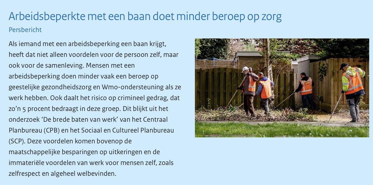 De brede baten van werk. Mensen met een arbeidsbeperking doen minder vaak een beroep op geestelijke gezondheidszorg en Wmo-ondersteuning als ze werk hebben. Ook daalt het risico op crimineel gedrag — Nieuw rapport <a href="/CPBnl/">Centraal Planbureau</a> en <a href="/SCPonderzoek/">SCPonderzoek</a>  cpb.nl/de-brede-baten…