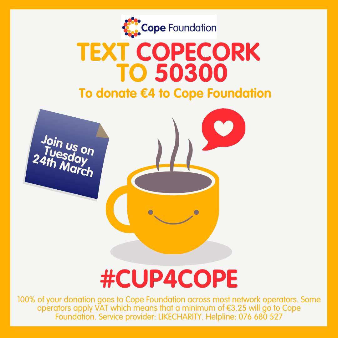 All <a href="/CopeFoundation/">COPE Foundation</a> fundraising campaigns have been cancelled due to Covid19

To help, have a #Cup4Cope TOMORROW!

1. Text COPECORK to 50300 to donate €4

2. Screenshot your confirmation text &amp; share it with your #Cup4Cope selfie or coffee cup pic

3. Share using #Cup4Cope