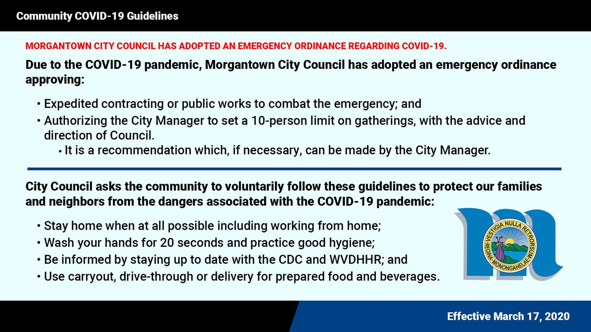 #Morgantown City Council has adopted an ordinance regarding COVID-19. This authorizes the City Manager to set a 10-person limit on gatherings. A safety order has not been enacted; however, we recommend avoiding gatherings of 10 or more. For more info: bit.ly/3boyoNZ
