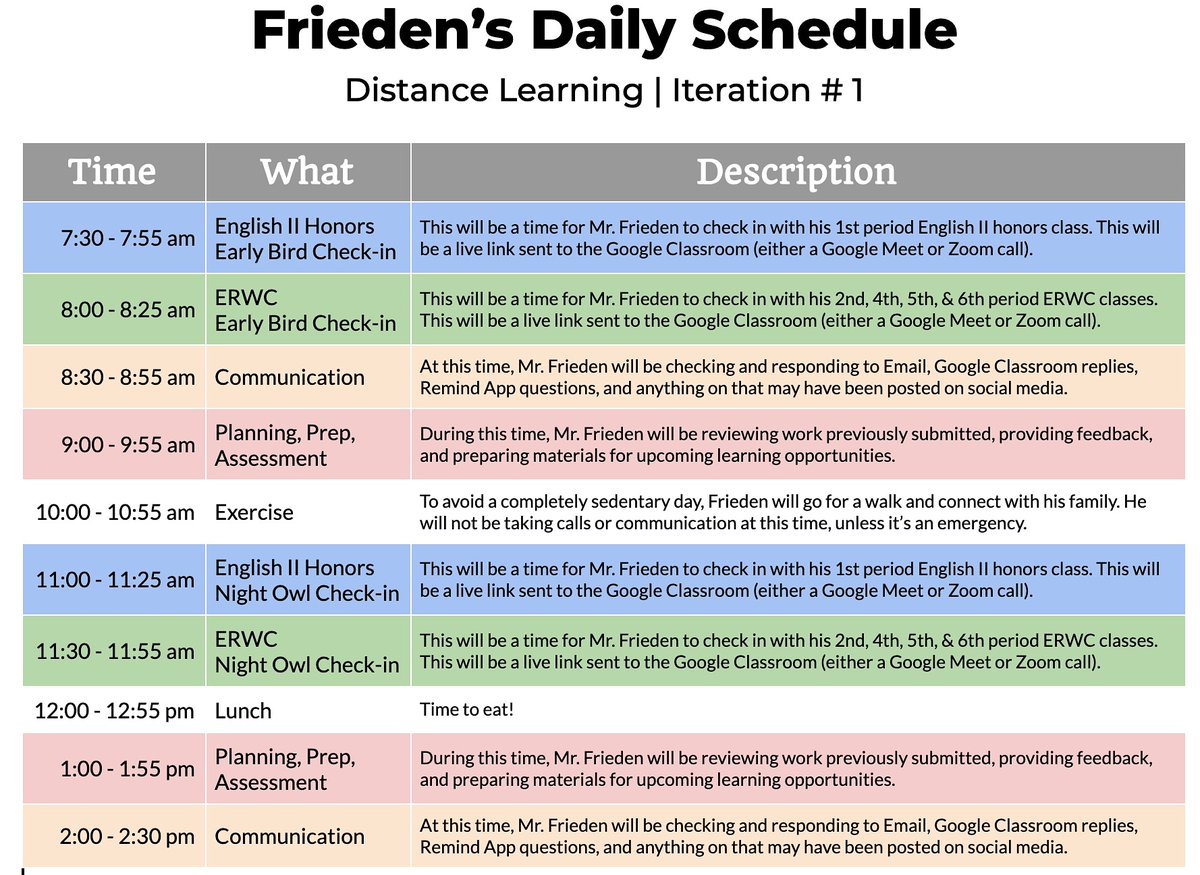 SurthrivEDU's tweet photo. Teaching last week felt chaotic. This week I'm going to try to hold to a schedule. Immediately after creating this, I felt sooo much better.

Shout out to the pro tips I heard on @HumResPro's podcast to help me think this through! 

#RestoreHumanity #SurthrivEDU https://t.co/e5kY18GmJ9