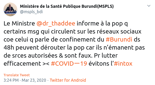  DÉMENTI par le Ministre en charge de la Santé d'un prochain confinement du  #Burundi par le  @BurundiGov pour lutter contre la propagation du  #coronarivus, message qui circule abondamment sur  @WhatsApp depuis ce matin