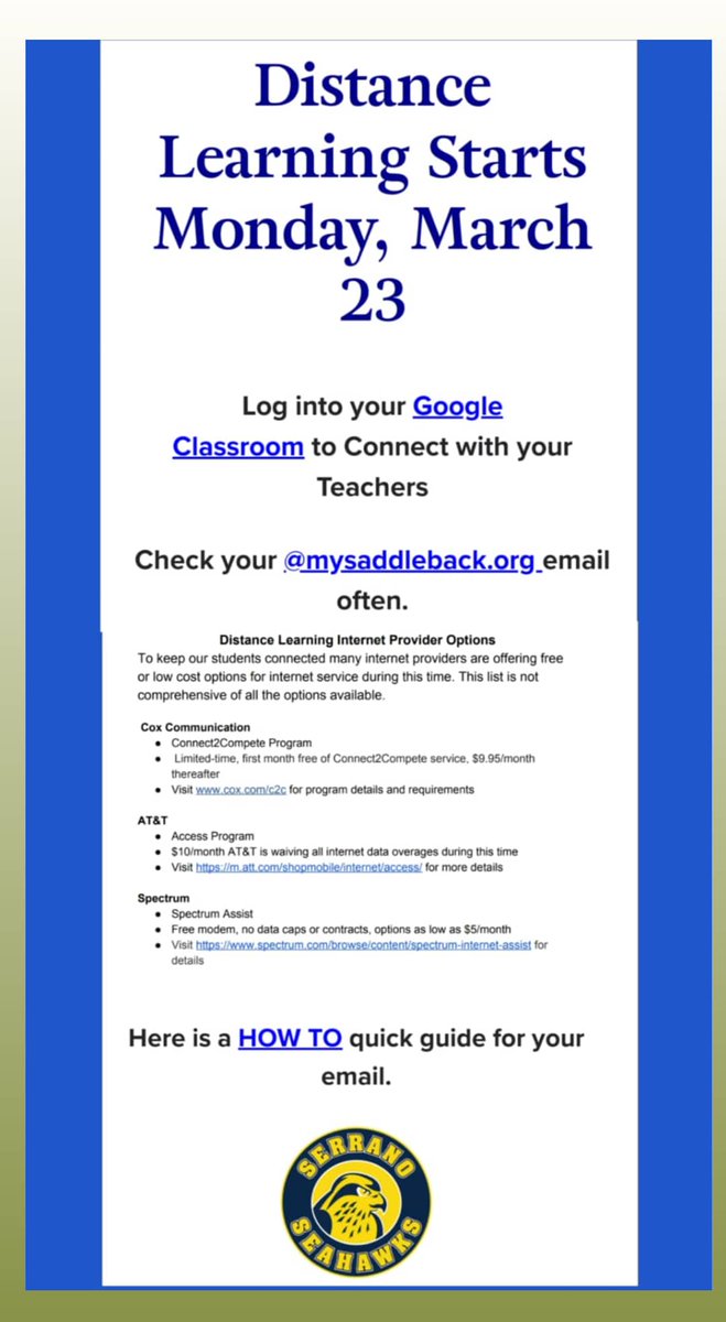 Serranoseahawks's tweet photo. Seahawks, #DistanceLearning STARTS THIS MONDAY. Make sure to log into your Google Classroom and @mysaddleback.org email. See previous posts for instructions and/or device updates @eltorohs . #SerranoMissionPossible #SerranoSeahawkSquad https://t.co/ySPWeBa9w9