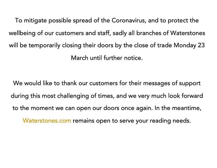 We will be closing our doors to the public today at 5pm. Thank you so much to all of our wonderful customers. Remember that waterstones.com is open 24 hours a day and we hope to see you all in store again soon. Stay healthy and safe Sheffield!