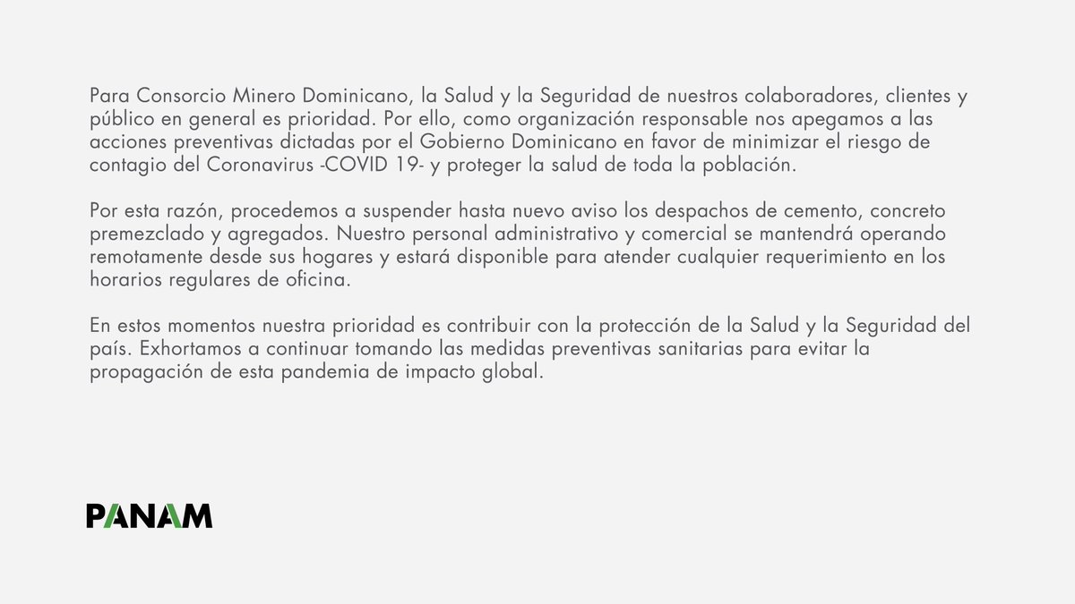 Contribuir con la salud es prioridad. Es por esto que, suspendemos hasta nuevo aviso las operaciones y despachos de cemento, concreto y agregados; el personal administrativo, técnico y comercial se mantendrá operando de forma remota desde sus hogares.
#CementoPANAM #ConcretoPANAM