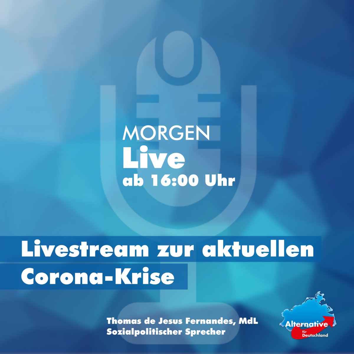 #Livestream - Morgen 16:00 Uhr 
Aktuelle Informationen rund um #COVIDー19!
Sie stellen mir Fragen, ich antworte!

Fragen im Bereich #Soziales, #Medien & #Sport, können Sie mir auch vorab per Mail senden: Thomas.Fernandes@AfD-Fraktion-MV.de

#digichat ➡️
facebook.com/Thomas.de.Jesu…