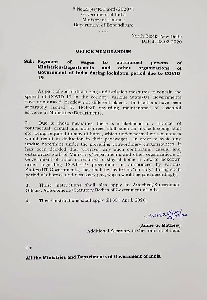nsitharamanoffc's tweet image. Due to social distancing and isolation measures to contain spread of COVID19, there is a likelihood of number of contractual labour &amp;amp; outsourced staff working for Govt of India being unable to attend work, resulting in deduction in wages, thus causing hardship to them. (1/2)