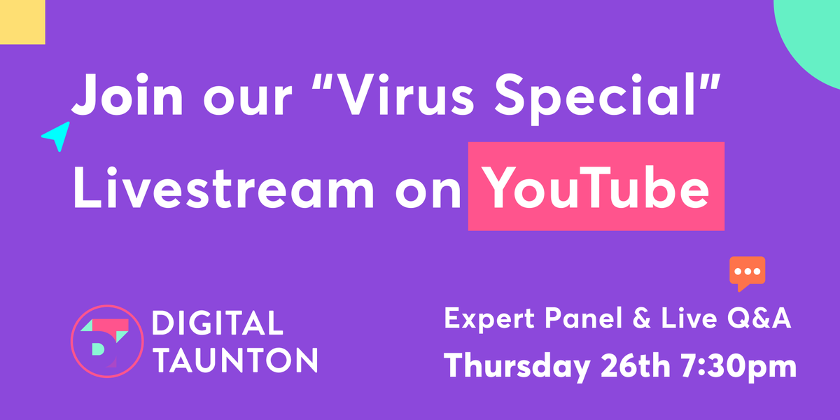 If we can't get together in person this Thursday, let's get online. 👨🏻‍💻

Join our expert panel who will provide advice on various aspects of #business relating to the virus and the impact it's having.

⏰ Start at 7:30pm sharp youtube.com/watch?v=c9MZwQ… #DigitalTaunton #Taunton