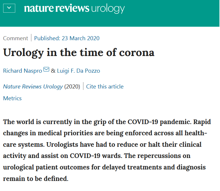 NatRevUrol's tweet photo. #NewInNRU @RNaspro and Luigi Da Pozzo discuss 'urology in the time of corona' from their view of the crisis in Bergamo https://t.co/kD32UENb0I FREE to access. #COVIDー19 #WeStandWithItaly https://t.co/UNPqH5SC93