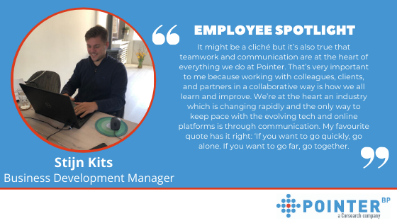 PointerBP's tweet photo. We thought now was a better time than ever to shine a #spotlight on our dedicated #employees who continue to help clients from the safety of their #homeoffice spaces. Take a look at why Stijn has enjoyed working for Pointer for over 5 years already. #employeespotlight https://t.co/jfcwcNuQSV