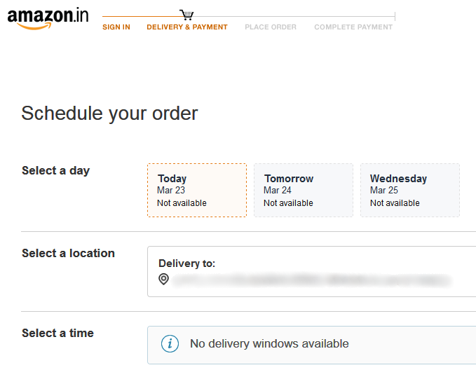 Ripple7055's tweet photo. @AmazonNews_IN I don't understand why I cannot select some delivery date in the future (coz of the current crises)... I'm WILLING TO WAIT for a few days, but there is just NO OPTION to schedule for a later date. Why? https://t.co/csjamdYFeO