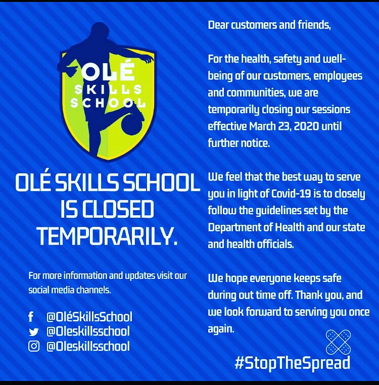 oleskillsschool's tweet photo. I’m sure you have all heard and seen the news regarding COVID-19. The current closures mean that unfortunately, our sessions are currently suspended until further notice. #ole #fusal #tameside #oldham #manchester ⚽️ https://t.co/X4Z4mGTTEx