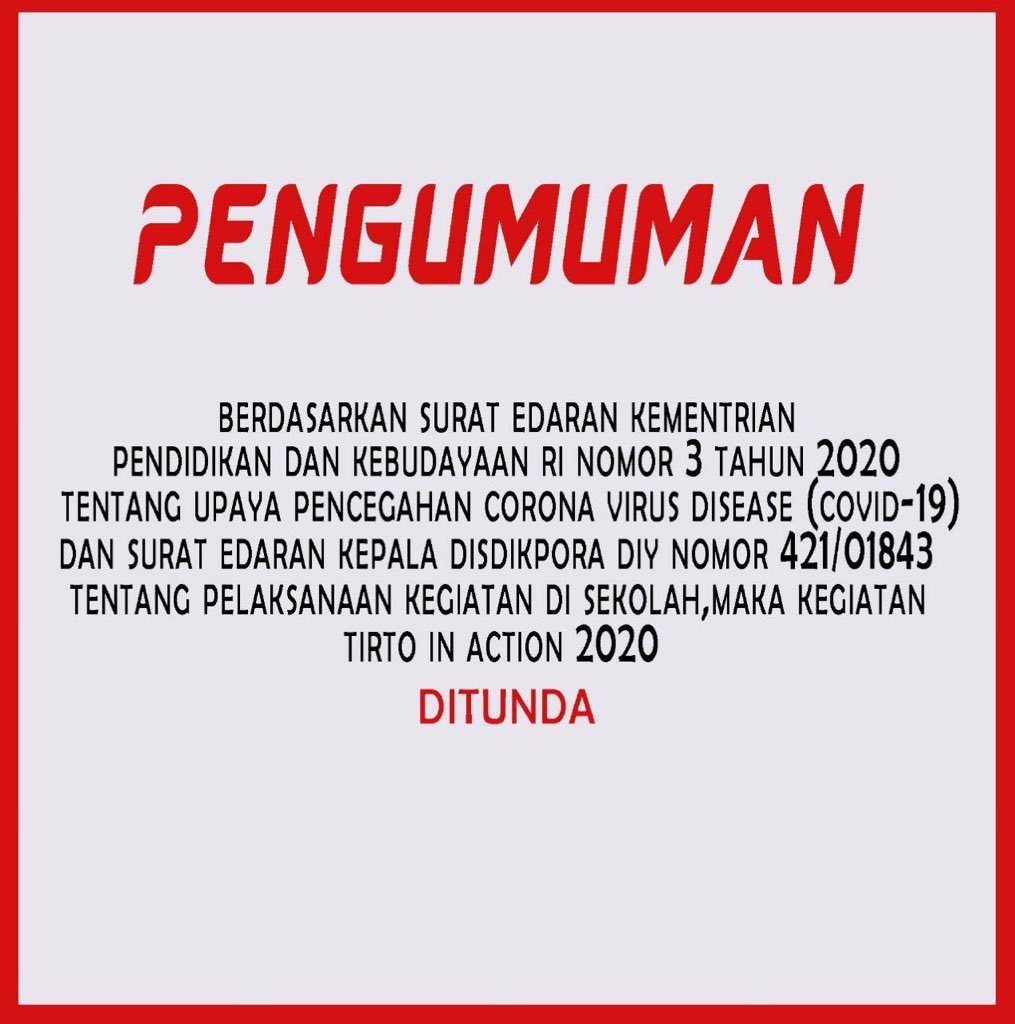 eventtirto's tweet photo. 🙏🏻WE ARE SORRY 🙏🏻
•
Kami sampaikan bahwa kegiatan Tirto In Action 2020 *DITUNDA*  
•
Mohon maaf atas ketidaknyamanan yang ditimbulkan. 
Informasi terbaru mengenai kegiatan ini akan kami sampaikan di kemudian hari.  
•
Terimakasih atas pengertiannya,
Stay safe everyone❤ https://t.co/K4tvqi9172