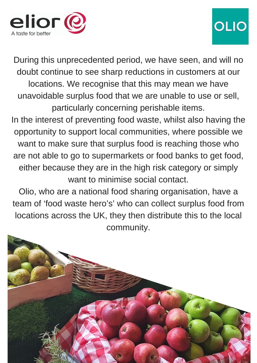 We have partnered with <a href="/OLIO_ex/">Olio • Your local sharing app</a> in order to reduce our food waste where sites are closing and have surplus stock. This will also support local communities &amp; allow food to reach people who are unable to leave the house.
#EliorFoodie #EliorCSR #PositiveFodprint <a href="/Elior_Group/">Elior Group</a>