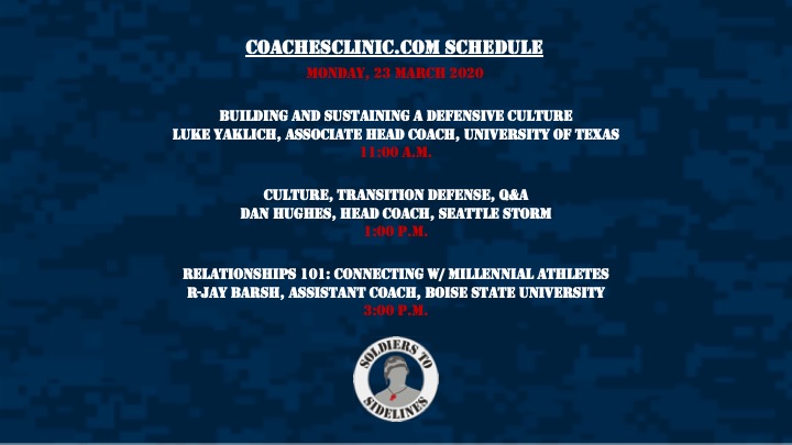 Soldier2Sidelin's tweet photo. https://t.co/RZ4SYbjNUa is hosting virtual clinic talks. Make sure you take advantage of this resource while we are in quarantine. The clinics are free, but there is an option to donate to Soldiers to Sidelines when registering for the event. #growthmindset #everydaycoach #sts https://t.co/aN6hdzj2fS